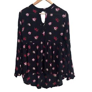 BONGO Keyhole Black Floral Women’s Flowy Boho Blouse Button Closure Back Size XL